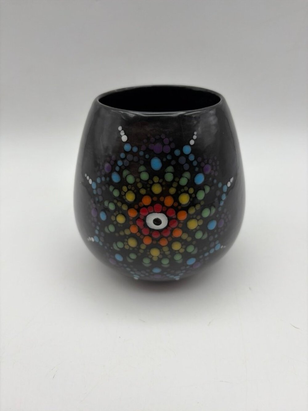 Handmade Ceramic Vase Black Rainbow Dot Mandala Signed GMD '22 CT Artist